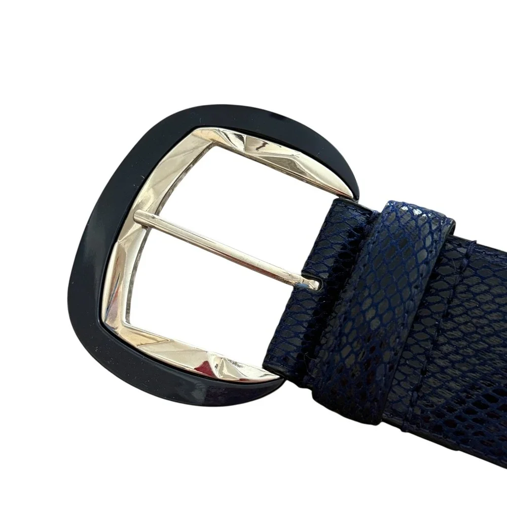 White House Black Market Genuine Leather Snake Embossed Navy Belt Silver‎ Buckle